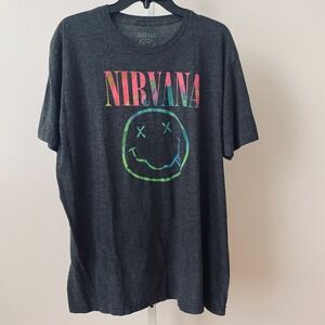Nirvana Smiley Face Tie Dye Graphic T Shirt Men's 2XL Charcoal Gray